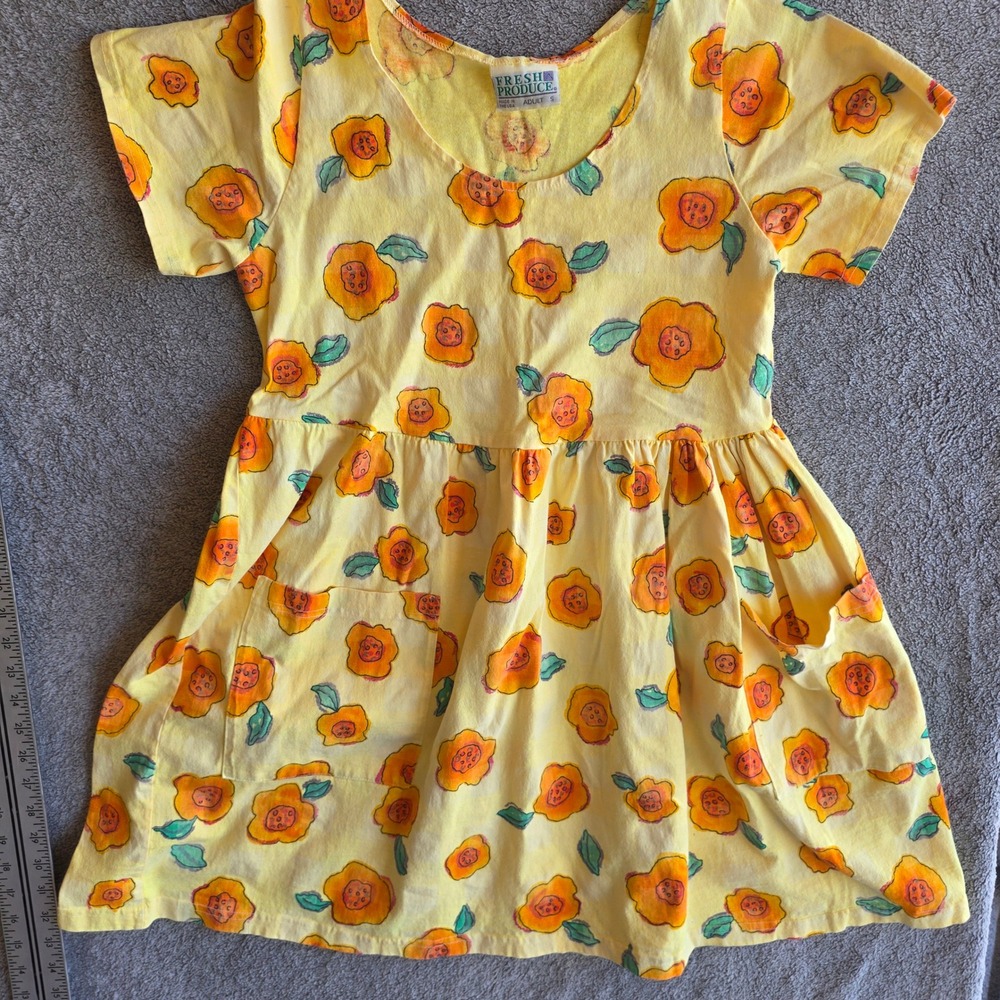 Fresh Produce Vintage Yellow Floral Cotton Dress Short Sleeve Pockets Adult S